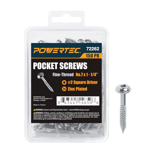 POWERTEC 150 PK Pocket Hole Screws, Maxi-Loc Head, #2 Square Drive, 1-1/4" Fine Thread for Pocket Hole Jig, Hardwood Cabinets & Furniture (72262) - style: 150PK 1-1/4" Fine Maxi-Loc Screws