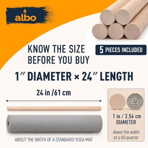 ALBO 1" x 24" Wooden Dowel Rods Set - 5 Pack Birch Natural Heavy Duty Hardwood Craft Sticks Furniture Woodworking Smooth Sanded Finish Railings Supports Decor Crafts Bulk Professional Pack - size: 1" x 24" 5 Pcs