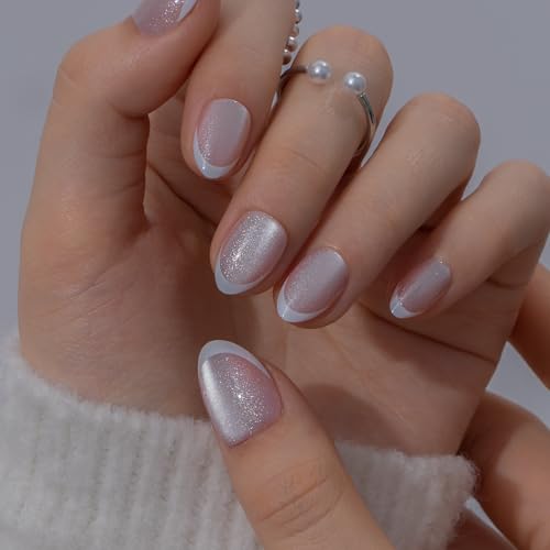 CurvLife Extra Short Almond French Tip Press On Nails, Glazed Blush Cat Eye - color: B3 - Snow Veil