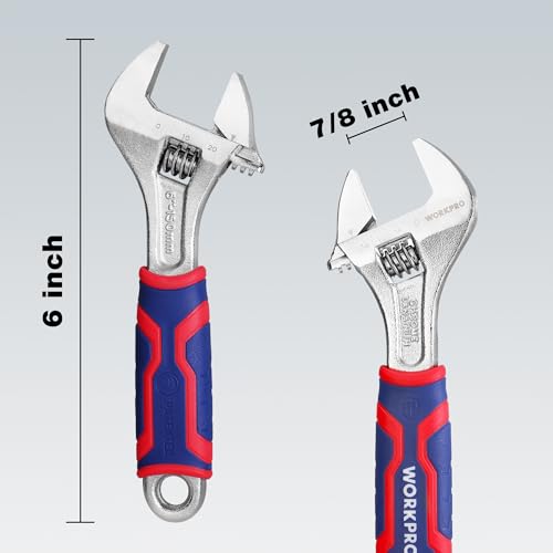 WORKPRO 6-Inch Adjustable Wrench, Wide Jaw, Metric/SAE Scales | Rubber Anti-Slip Grip, Premium Cr-V Steel, Chrome-Plated Finish for Strength and Corrosion Resistance - size: 6 inch