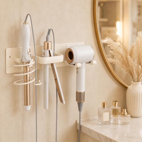 Hair Dryer Holder Wall Mount No Drill, 3 in 1 Curling Iron Holder & Flat Iron Holder, Heat Resistant Bathroom Hair Tool Organizer, White - style: Hook style