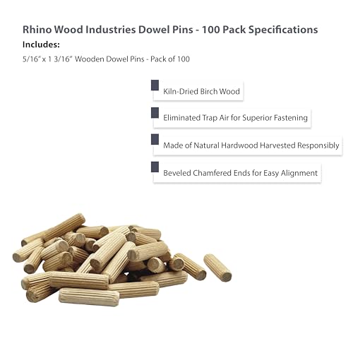 5/16" x 1-3/16" Wooden Dowel Pins, 100-Pack – Birch Hardwood, Kiln-Dried, Fluted & Beveled (5/16" x 1 3/16", 100pk) - size: 5/16" x 1 3/16"