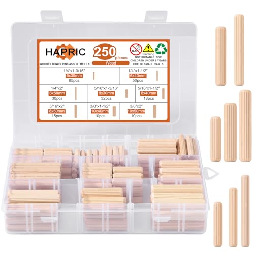 Hapric 250 Pcs 8 Sizes Wooden Dowel Pins Hardware Pins with Box