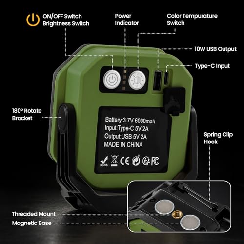 2-Pack 6000mAh Magnetic LED Work Light Rechargeable Waterproof - color: Green