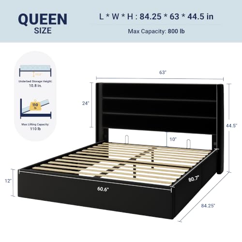 Allewie Queen Size Lift Up Hydraulic Storage Bed Frame Black - color: Black, size: Queen, style: Modern