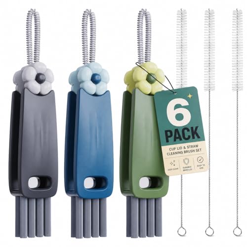 6 Pack Cup Lid Cleaning Brush Set with 3 Straws, Multifunctional Bottle Brush, Cup Lid Gap Cleaner, Durable Bristle Crevice Cleaning Brush,Flat End Brushes - color: Multicolor+ Extra Brush