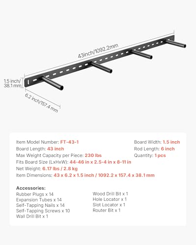 VEVOR Floating Shelf Bracket 1 Pack, 230 lbs/104 kg Weight Capacity, 43x6.2x1.5 inch / 1092.2x157.4x38.1 mm, Heavy Duty Hidden Shelf Brackets Support, Wall Mounting Invisible Floating Shelves Bracket