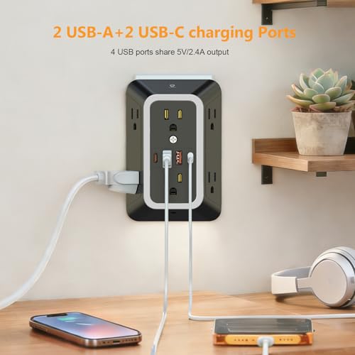 Wall Outlet Extender with Night Light, Power Plug Adapter 6 Outlet Extender with 4 USB Charging Ports（2 USB C）,1050J Power Strip Multi Plug Adapter Spaced for Home Office Travel-Black-ETL - color: Black-1Pcs