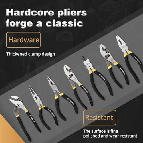 Vivicreate 7 Piece Pliers Set Heavy Duty Hand Tool Set with 8 Inch Groove Joint 8 Inch and 6 Inch Slip Joint 7 Inch Linesman 6 Inch Diagonal and Long Nose Pliers for Home Garage DIY Repair
