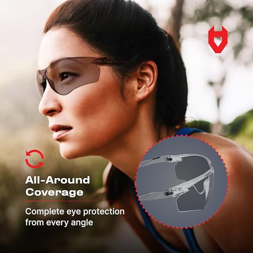 NoCry Lightweight Tinted Safety Glasses with UV 400 Protection, Anti Fog and Anti Scratch Coating and Grey Wrap Around Lenses; ANSI Z87.1 Certified - color: Tinted
