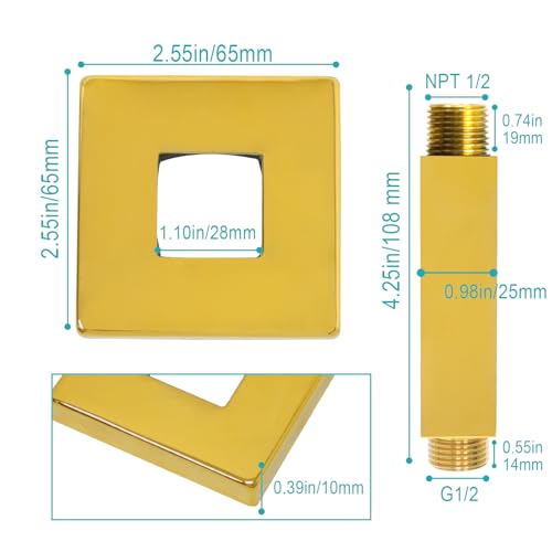 Enga Brass Square Shower Arm with Flange, 3 Inches Ceiling Mount Replacement Rain Shower Head Straight Arm, Bright Gold - color: Polished Gold, style: 3 Inch