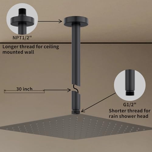 Matte Black 30 Inches Ceiling Mount Round Shower Arm With Flange Straight Extender Extension Pipe Replacement Rain Shower Head Straight For Fixed - color: Black