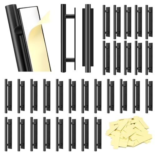 Self-Stick Push Pull Helper, 30 Pack Drawer Pulls ABS Plastic Adhesive Door Handles Peel and Stick Cabinet Handles for Kitchen Cabinet Sliding Door Furniture (Black)