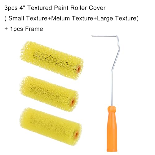 uxcell 1 Set Textured Paint Roller Covers 4 Inch Mini Resilient Sponge Paint Roller Cover with Frames Set Textures Foam Drywall Texture Paint Rollers Reusable Paint Roller Kit