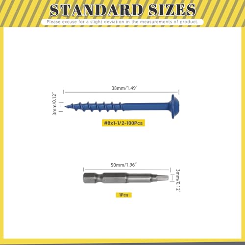 100Pcs Pocket Hole Screws, #8 x 1-1/2" Anti-Rust Blue Coated Exterior Wood Screws, Coarse Thread Washer Head Square Drive, 50MM Drive Bit Included - size: #8 x 1-1/2"