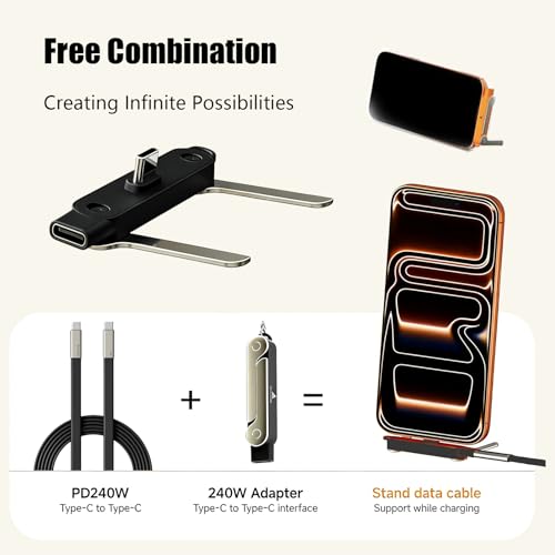 SIDEWAY Phone Charger 240W Silicone Cable with Detachable Stand - Universal Type-C, 90° Angle, 480Mbps Data Transfer Speed,59in(balckset) - color: black