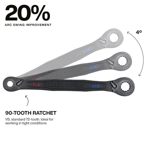 KLEIN TOOLS 68214 4-in-1 Reversible Ratchet Wrench, Box Wrench, SAE Hex Sizes 1/4, 5/16, 3/8, and 7/16-Inch, 90-Tooth Ratchet, Pass-Through Design - style: Small SAE