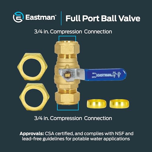 Eastman Full Port Ball Valve, 3/4 x 3/4 Inch Compression Ends, Brass Inline Water Shut-Off Valve, 20097LF - size: 3/4 in.