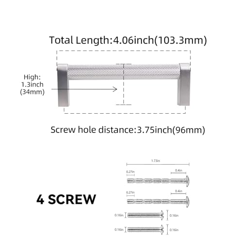 10 Pack 3-3/4 Inch(96mm) Brushed Satin Nickel Kitchen Cabinet Handles Knurled Cabinet Pulls Silver Drawer Pulls Cabinet Hardware - color: Brushed Satin Nickel, size: 3.75'' Hole Center(96mm)