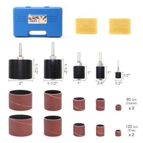 Sanding Drum and Sleeves Set 1-1/2’’,1’’, 1/2’’ with 2 Sandpaper Cleaning Stick - Rubber Eraser, Drill Sanding Kit for Sanding Polishing Multiple Materials Wood Fiberglass Metal, 80, 120 Grit-27PCS - size: Length: 1/2''~1-1/2''(sanding drums & sleeves)