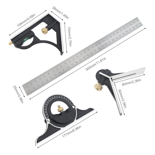 ChgImposs 12" Adjustable Sliding Combination Square Ruler & Protractor Level Measure Measuring Set, Inch/Metric