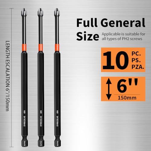 DYRECELVE 10-Piece Phillips Bits #2 Impact, 6-Inch Long Screwdriver Bits - color: 6'' Ph2 10-pcs