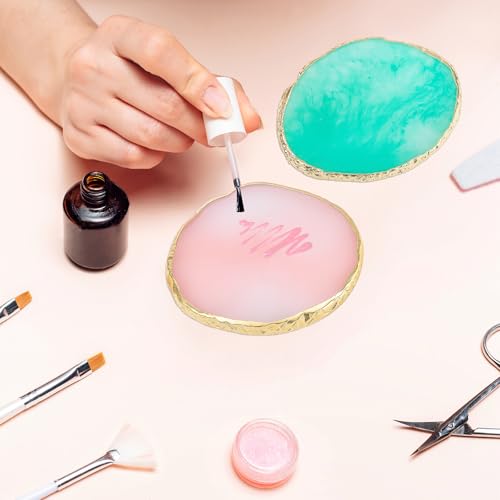 2 Pcs Resin Nail Art Palette Set, Green Pink, Gold Edge - color: Pink, Green
