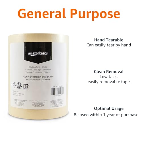 Amazon Basics Masking Tape for Light Duty Applications, Labeling, Easy Removal, Tears by Hand, 0.94" x 180', Beige, 6 Rolls - size: 0.94 Inch by 180 Feet