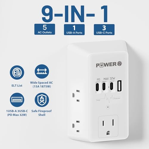 20W PD Fast Charging Wall Outlet with USB Ports (3C1A), Electrical Outlet Extender, Surge Protector, Wall Plug Adapter for Multiple Devices, Wall Socket Expander - size: PD-3C1A