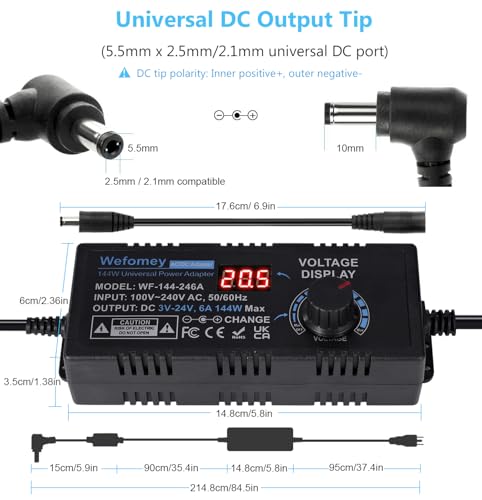 Universal Power Supply 3V~24V 6A 144W Adjustable Variable 3V 5V 9V 12V 18V 20V 24V AC/DC Adapter Charger, 100V-240V AC to DC Converter with 14 Tips, Polarity Converter and 4-Way Power Splitter Cable - style: 3~24V6A 144W