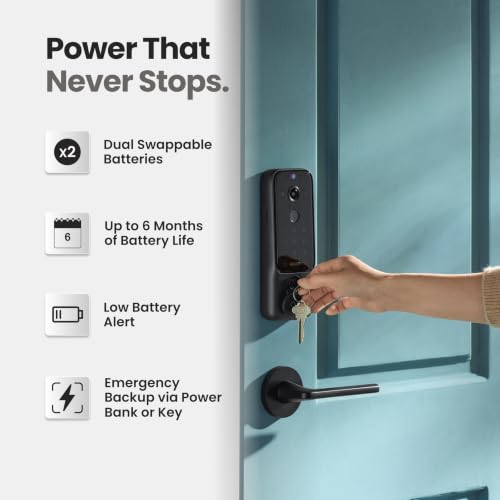 Lockin Veno Plus - All-in-One Smart Lock - Palm Vein & Fingerprint Keyless Entry - 2K 180° Ultra-Wide Camera, Night Vision, Built-in WiFi & 8GB Storage - No Monthly Fee - Dual Batteries | Palm Vein and Fingerprint Keyless Entry, 2K 180° Ultra-Wide Camera,