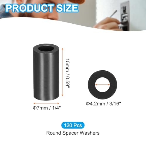 PATIKIL 120Pcs ABS Spacers 4mm ID, 7mm OD, 15mm Height Plastic Round Stud Spacer Black Nylon Washers Nut Unthreaded Rubber for M4 Screws Bolts Barrel - size: 4mm ID, 7mm OD, 15mm Height