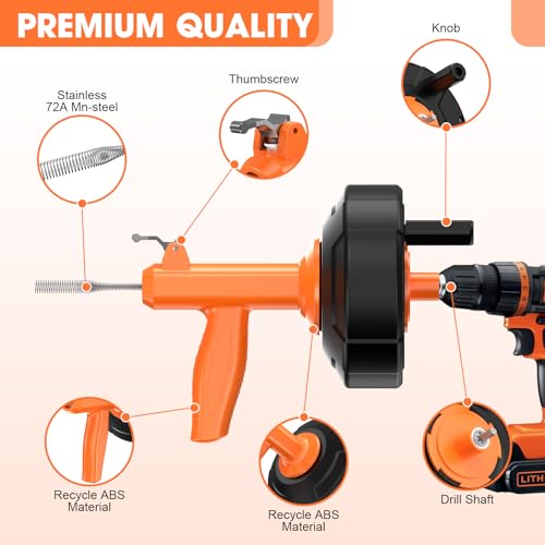 Drain Snake, Auto Feed Plumbing Snake with Drill Adaptor, 25 Feet Drain Auger Tool Set Included Drain Clog Remover, Hair Clog Remover ＆ Cleaning Brush for Kitchen, Bathroom and Shower Sink with Gloves