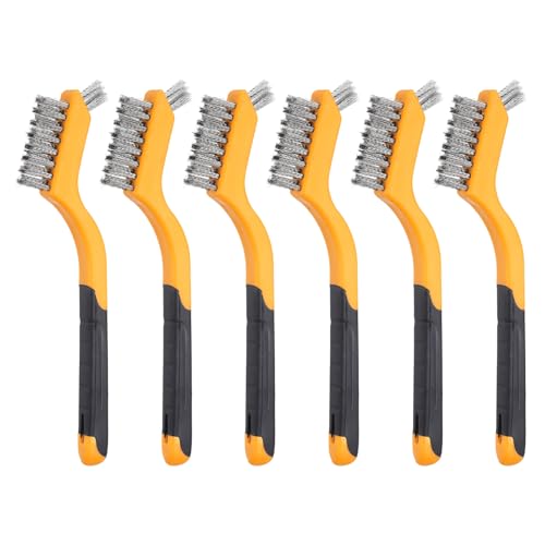 HARFINGTON 6pcs Wire Brushes Stainless Steel Cleaning Brushes with Curved Handle Dual Head for Cleaning Scrubbing Rust Dirt Paint Removal, Yellow - color: Yellow