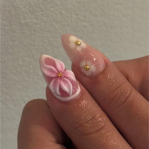 3D Pink FlowerFrench Tip Press on Nails Medium Almond Fake Nails with Flower Designs, Glossy Finished Reusable False Nails with Adhesive Glue Tabs - 24Pcs Nail Kit for Women Manicure - color: pink flower