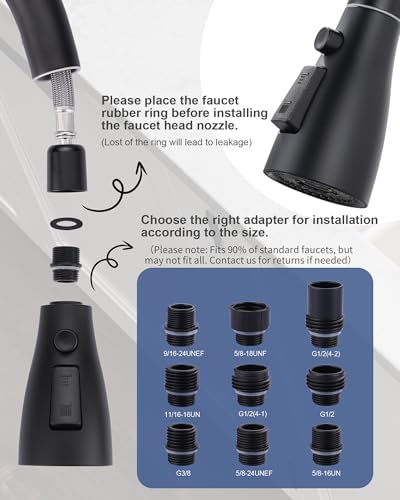 Metal Kitchen Faucet Spray Head Replacement 3 Modes with 9 Adapters - color: Matte Black