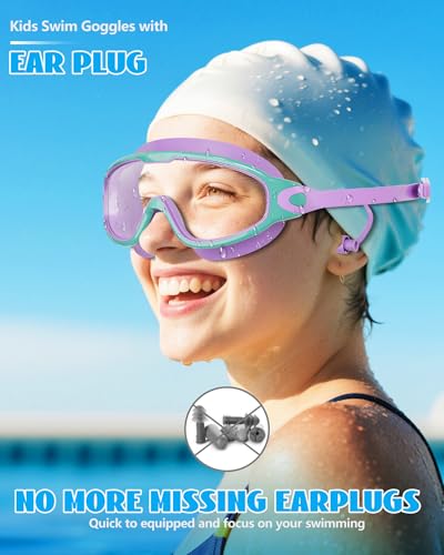 Aegend New Kids 2 Pack Wide View Swim Goggles, Anti-Fog/UV No Leak Goggles with Ear Plugs Kids 3-14 - color: Light Green & Purple