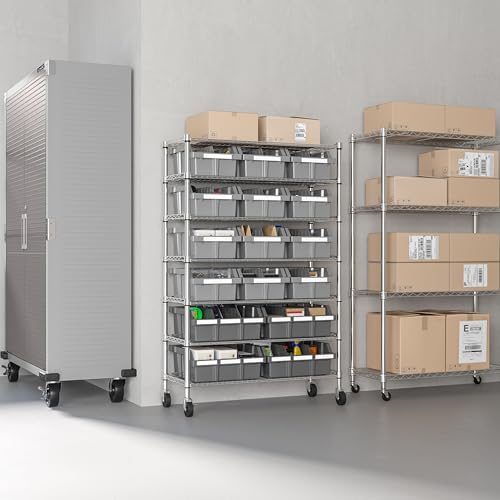 7-Tier NSF 16-Bin Steel Wire Shelving Rack, 36"W x 14"D x 56"H, Gray | 16 slide-out bins with tilt-lock design keep supplies organized and accessible - color: Gray, size: Includes 16 Bins