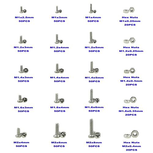 850PCS M1 M1.2 M1.4 M1.6 M2 Metric Stainless Steel Phillips Pan Head Machine Screws Nuts Assortment Kit - size: M1, M1.2, M1.4, M1.6, M2