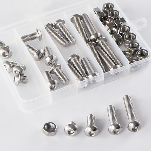 M8 x 10mm 20mm 30mm 40mm Button Head Socket Cap Screws Bolts and Nuts, Stainless Steel 304, Bright Finish, Metric Allen Hex Drive, Fully Thread, Assortment Kit 48PCS - size: Button M8x10-40mm+Nuts