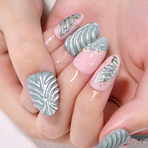 Short Almond Handmade 3D Floral Press On Nails Pink Green Mixed French – Spring Summer Daily White Flower Design, Acrylic Fake Nails for Women, Salon-Quality Reusable Stick-Ons | Party Wear - color: 50-Short Almond Green 3D Glue Silver Butterfly, size: 24