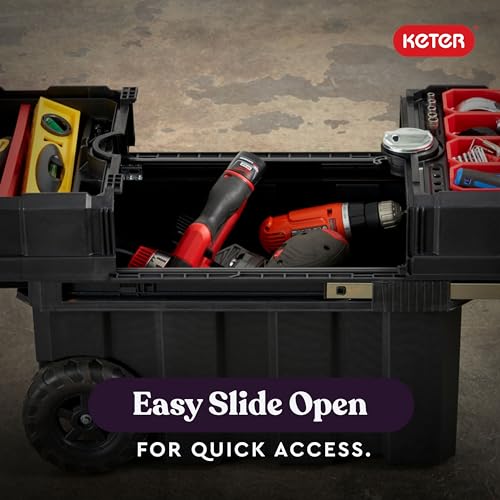 Keter Masterloader Resin Rolling Tool Box with Locking System and Removable Bins – Perfect Organization and Storage Chest for Power Drill, Tape Measure, and Screwdriver Set, Black - color: Black/Red, size: Masterloader