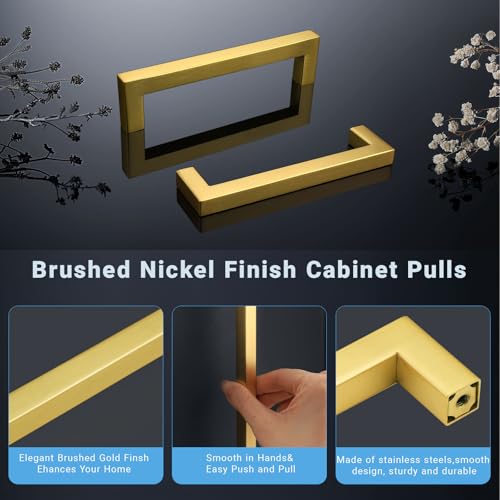 KNOBWELL 6Pack 6-3/10 Inch Brushed Gold Cabinet Pulls Stainless Steel Kitchen Cabinet Handles Square Drawer Pulls Modern Cabinet Hardware Handles，160mm Hole Centers - color: Brushed Gold, size: Hole Center:6-3/10 inch(160mm)