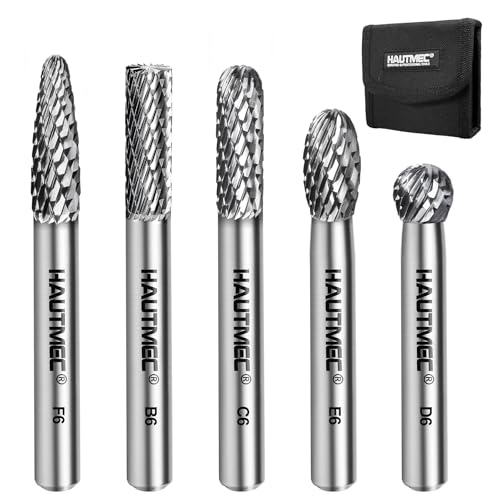HAUTMEC 5Pcs Tungsten Carbide Rotary Burr Bit YG6, 1/4" Shank Double Cut Die Grinder Bit with Belt Pouch, Low Vibration Precision Rotary File for Metal Grinding, Engraving & Deburring (6MM), HT0453 - color: 5Pcs Set, size: 6mm