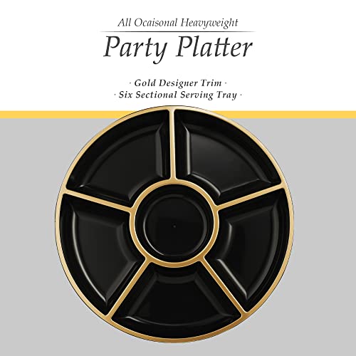 PLASTICPRO 6 Sectional Round Plastic Serving Tray/Platters Black & Gold Pack of 2 - color: Black & Gold