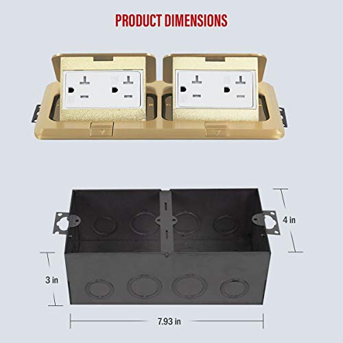 ENERLITES Dual Pop-Up Floor Box Kit 8.68“ x 4.75” with 20A Outlet, Brass - color: Brass 8.68 X 4.75 in