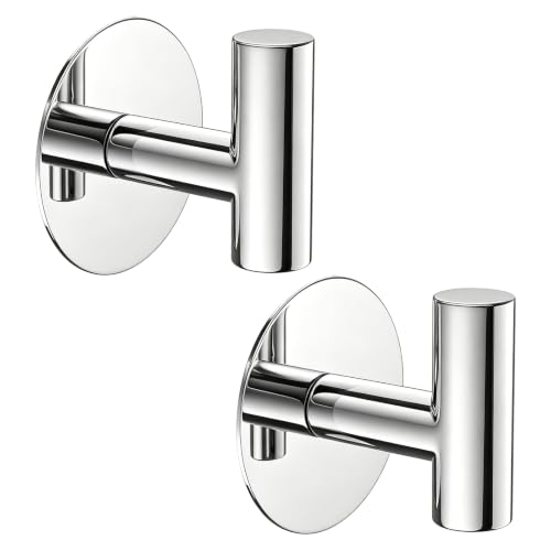 Stainless Steel Adhesive Hooks, Heavy Duty Wall Hooks, Towel Hooks for Hanging Robes, Aprons, Coats and Hats in Bathrooms,Kitchens and Hotels(2 Pack, Chrome) - color: Chrome, size: Adhesive "T" Shape- 2 Pack