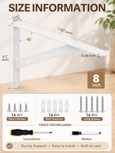 Shelf Brackets Heavy Duty, 8 Pack White 8 inch Floating Shelf Bracket, Max Load 100 lbs of Metal Triangle Decorative Shelf Support Brackets for Wall Mount - size: 8 inch 8pack