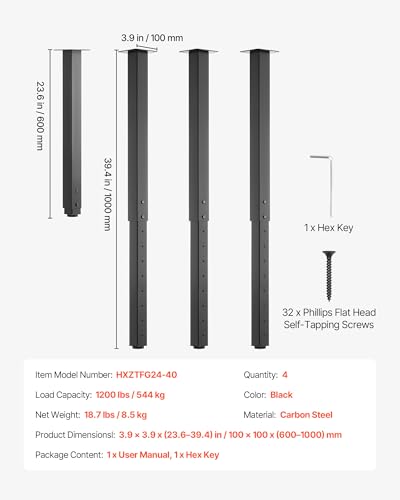 VEVOR Adjustable Table Legs, 24-40 in Square Steel Furniture Legs, 1200 lbs Max Load Heavy Duty, Quick Installation, Ideal for Home Office Desk DIY, Coffee Dinner Bar Tables, Workbenches, 4 PCS, Black - size: 3.9 x 3.9 x (23.6-40) in