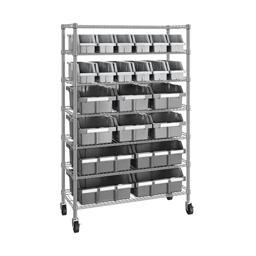 7-Tier NSF 22-Bin Steel Wire Shelving Rack, 36"W x 14"D x 56"H, Gray | 22 slide-out bins with tilt-lock design keep supplies organized and accessible - color: Gray, size: 22 Bin